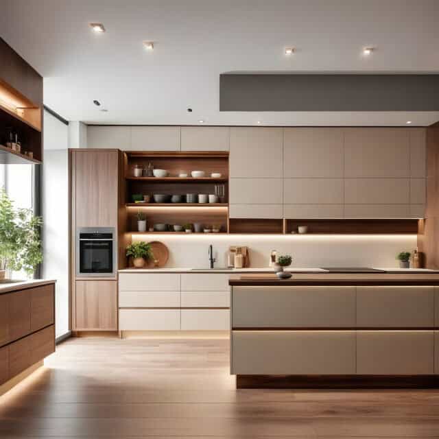 Modern kitchen with wooden cabinets, island, and open shelving. Natural light illuminates the space, highlighting potted plants and neatly arranged kitchenware.
