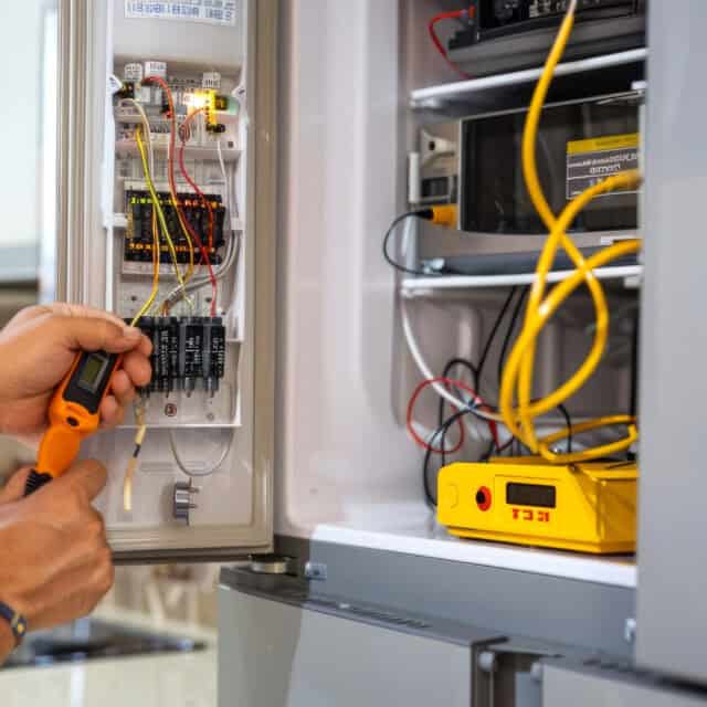 A person uses a handheld device to test wires in an electrical panel box, with various tools and a yellow voltmeter displayed.