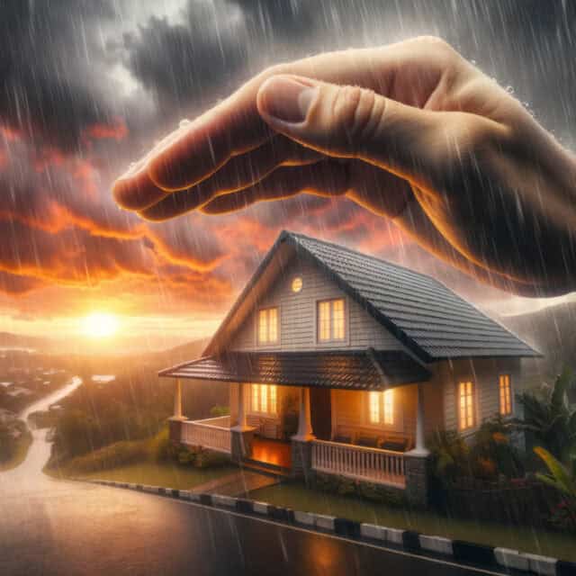 A giant hand shields a small house from rain under a dramatic sunset sky, creating a surreal scene.