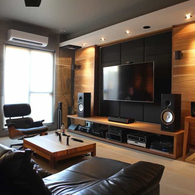 Modern living room with a flat-screen TV, large speakers, and a leather sofa. Natural light from a large window and a split air conditioning unit above enhance the ambiance.