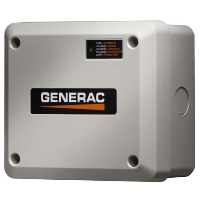 A beige Generac electrical panel box with a black and orange logo and four LED status indicators on the top right.