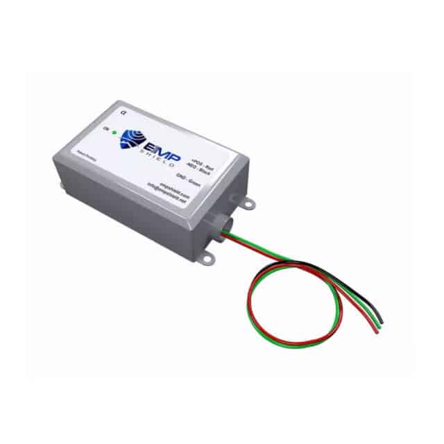 A rectangular electronic device with a label, featuring wires in red, black, and green extending from one end.