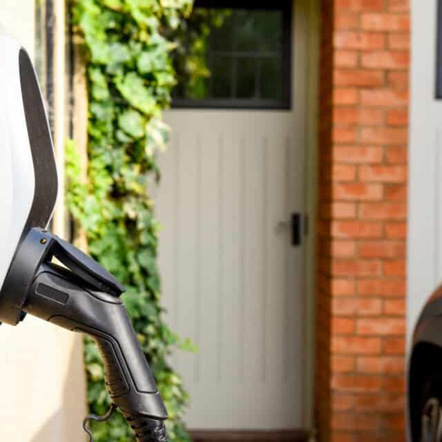 Premium EV Outlet plugged into the wall of a house to charge an electric car.