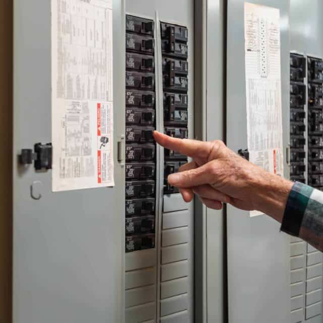 A person adjusts a breaker switch inside an open electrical panel mounted on a wall.